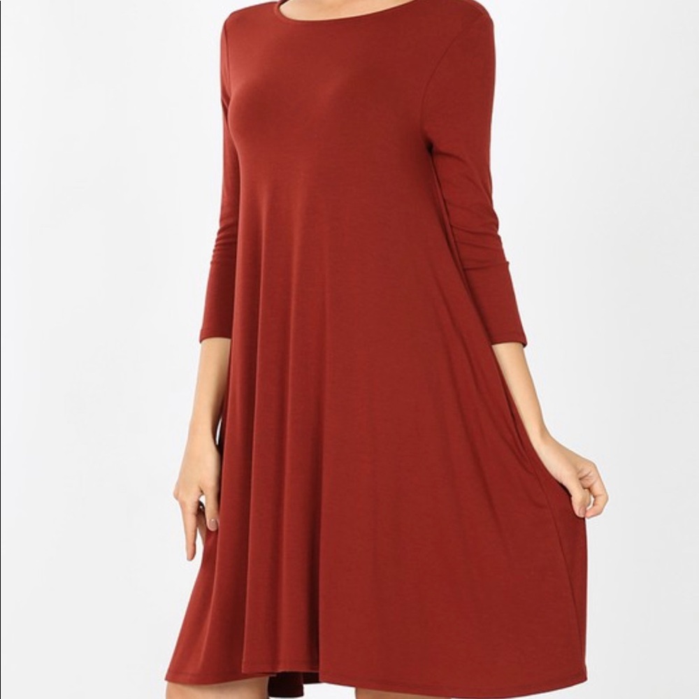 rust orange knee length fall dress with pockets